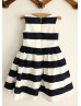 Ivory Navy Blue Stripe Taffeta Flower Girl Dress